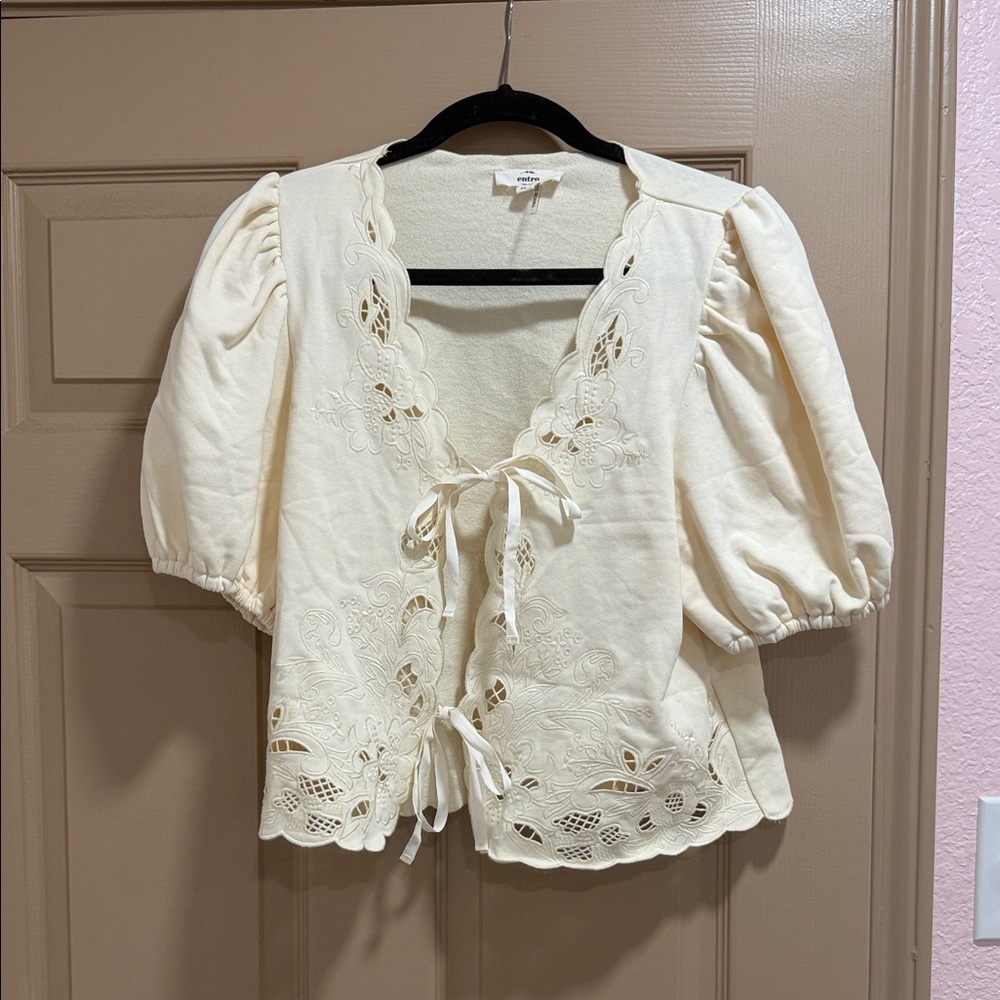 Entro Cream Embroidered Blouse with Tie-Front